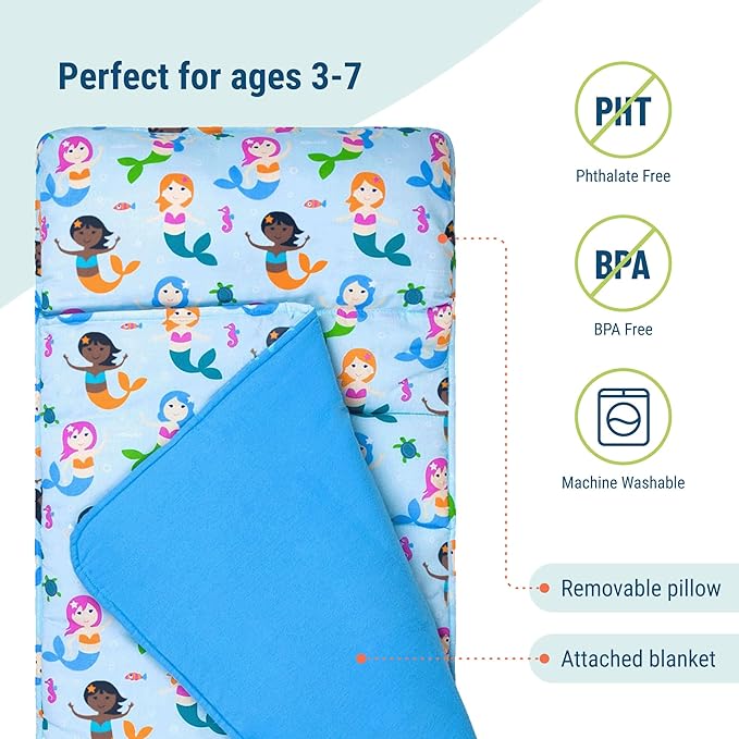 Wildkin Original Nap Mat with Reusable Pillow for Boys & Girls, Ideal for Sleepovers, Equipped with Hook & Loop Fastener, Made from Cotton Blend Materials - Nap Mat for Kids