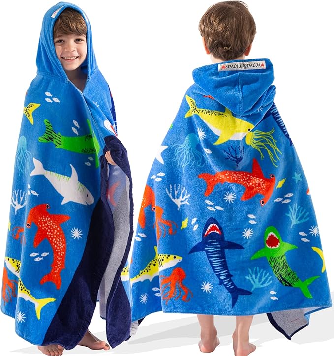 VOOVA & MOVAS Hooded Towel for Toddlers 3-10 Years,Soft | Thick | Cotton | Absorbent | Large Beach | Pool | Bath | Swim Towels | Cover up for Boys, Shark Fish