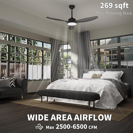 52'' Ceiling Fans with Lights Remote Control,Black Modern Ceiling Fan 3CCT 22W Dimmable LED Light,3 Reversible Blades,6 Speed Ceiling Fan for Bedroom Livingroom Home Office