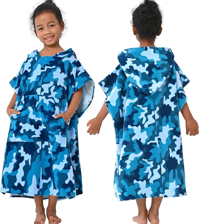 VOOVA & MOVAS Toddler Towels Robe, 4-8 Years, 100% Cotton Poncho Towel, Absorbent Thick Hooded Towel Dress for Boys | Girls,Surf Poncho for Pool | Beach | Bath | Swim, Blue Camo