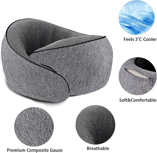 Travel Pillow 100% Pure Memory Foam,New Ergonomic Design 360°Adjustable Soft Neck Pillow,Travel Neck Pillow for Car and Airplane Travel,Neck Pillow for Traveling with Eye Masks and Earplugs(Grey)