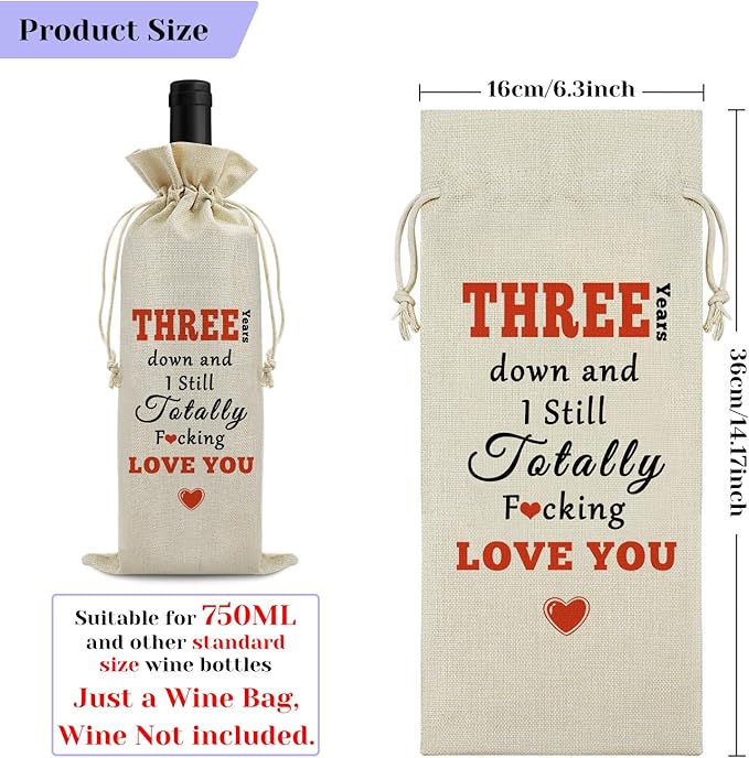 Sfodiary 3 Years Marriage Gift for Wife Husband Wine Bag 3rd Anniversary Wedding Gift for Couples Burlap Wine Bag Anniversary Keepsake Gift Birthday Christmas Valentine Gift for Her Him Wine Gift Bag
