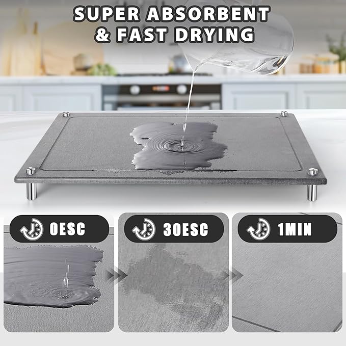 Stone Drying Mat for Kitchen Counter,IPOW Diatomaceous Dish Drying Mats Superb Absorbent,Heat-ResistantFast Drying Stone Mat Kitchen with Non-Slip Stainless Steel Feet(Gray)