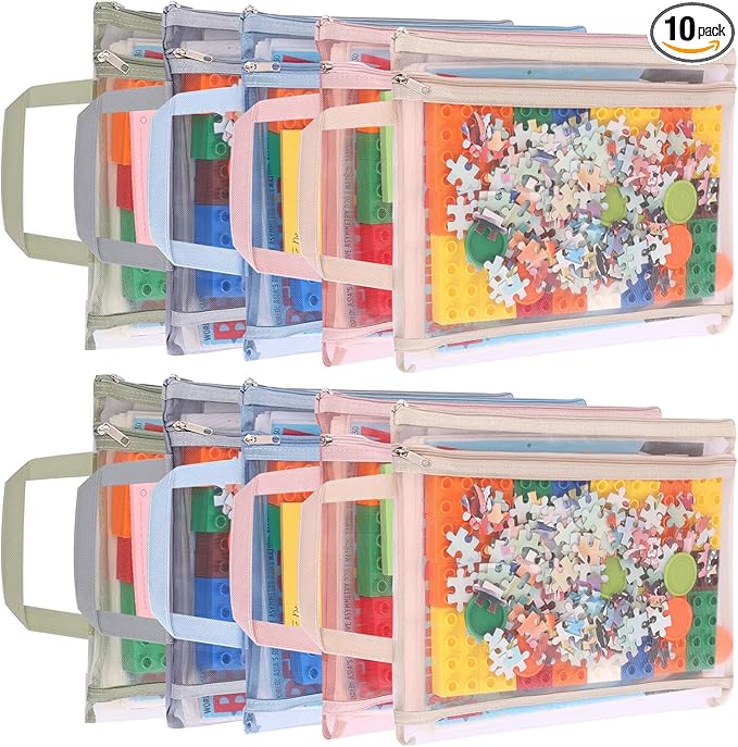 EOOUT 10 Pack Colored Mesh Zipper Pouch Bags, A4 Double-Layer Nylon Puzzle Organizers and Storage Building Block Board Game Storage Breathable Clear Zipper Bags for Office Home Games