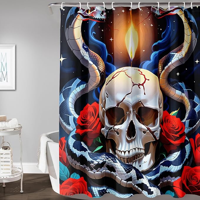 AILONEN Skull Shower Curtain for Bathroom,Red Rose Terror Snake Skull Bath Curtain,Goth Skull Skeleton Print Waterproof Curtain with 12 Plastic Hooks, 72" W*84" H
