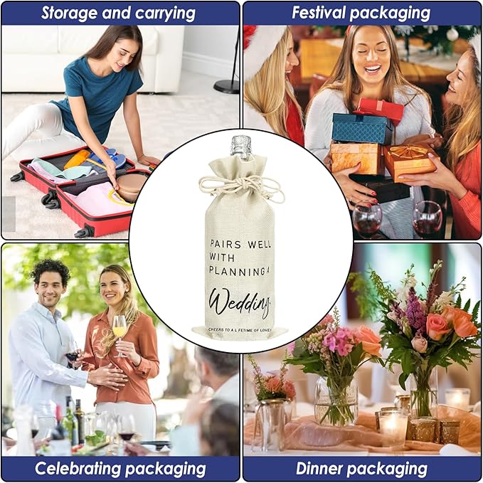 SHIDOW Wedding Wine Bag, Linen Wine Bottle Bags, Bride and Groom Gift,Wedding Gift,Reusable Wine Bag -Pairs Well With Getting Married (3Pcs)