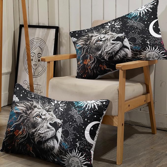AILONEN Lion Print Twin Size Fitted Sheet Set for Boys, Sun and Moon Bed Sheet Cover Set Twin,3 Pieces Black and White Sheet Set Twin Galaxy Lion Fitted Sheet with 2 Pillowcases