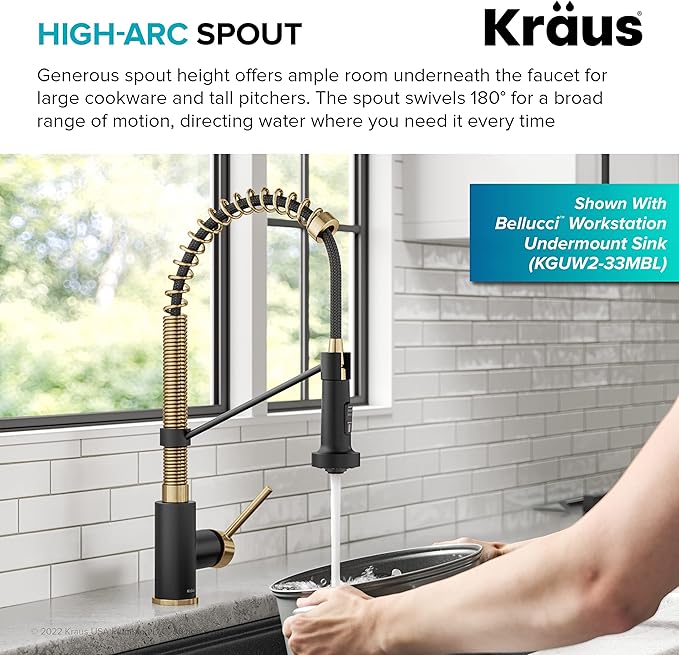 KRAUS Bolden Commercial Style Pull-Down Single Handle 18-Inch Kitchen Faucet in Brushed Brass/Matte Black, KPF-1610BBMB