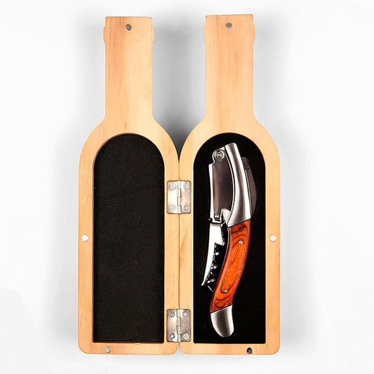 Semecca® Corkscrew Wine Opener, Waiter's Corkscrew, Double Stage, The perfect Wine Opener and Wine key, Wine Bottle Shaped Wooden Box, Gift for Wine Lovers (Rosewood)