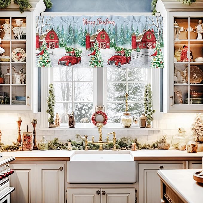 Red Truck Christmas Valance Curtains for Kitchen Windows Merry Christmas Farmhouse Rod Pocket Window Treatment Toppers for Kitchen/Living Room/Bedroom/Bathroom, 54" X 18", Winter Xmas Tree