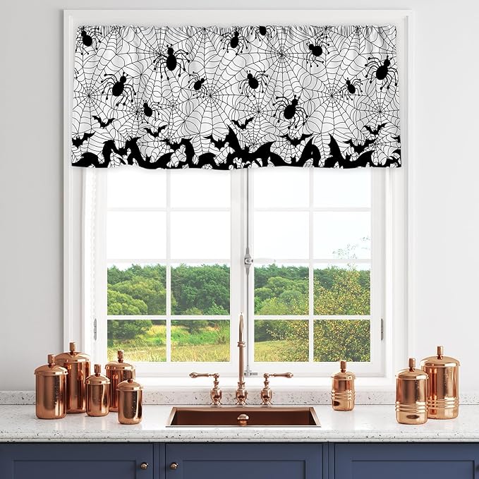 Halloween Curtain Valance 54 x 18 Inch Bat Spider Web Valance Curtain Rod Pocket White Black Short Window Treatment for Home Party Window Decor
