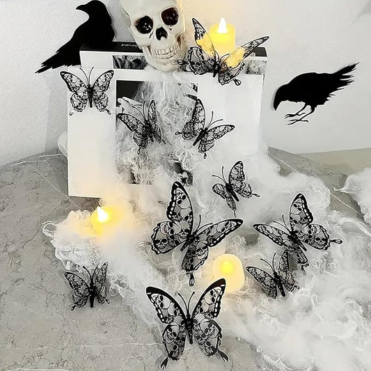 Halloween Wall Stickers 12Pcs Butterfly Wall Decor with Skull Design Halloween Wall Decals 3D Butterflys Wall Decorations Reusable Window Stickers for Halloween Party Home Room Art DIY Accessories