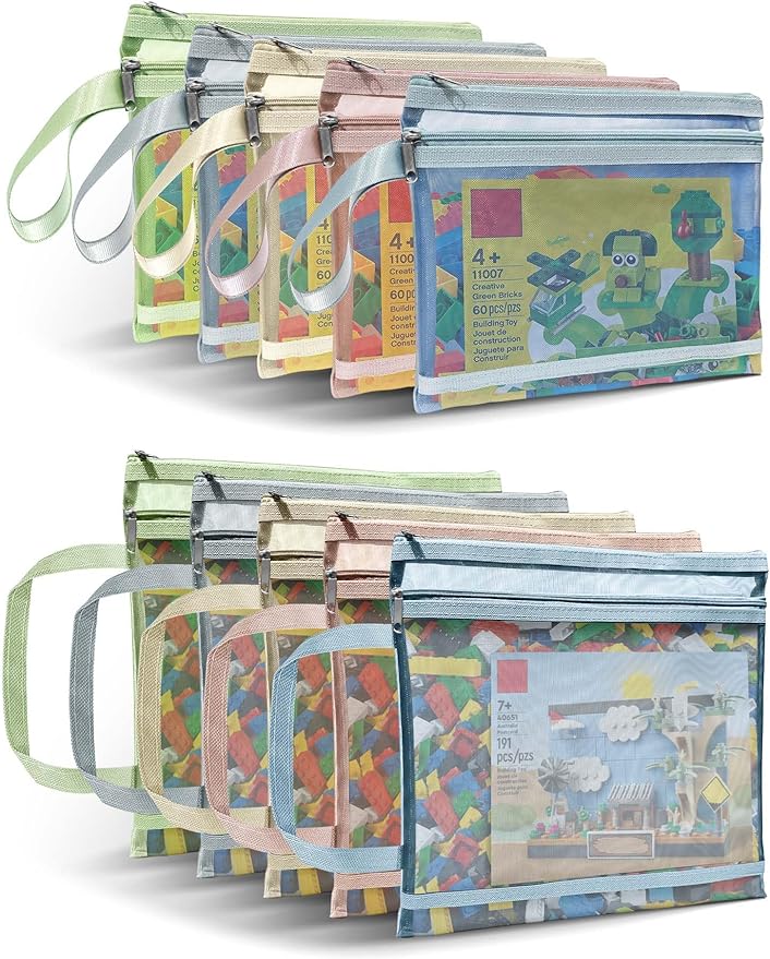 A4A5-2Layers 10 Pack Colored Mesh Zipper Pouch Bags, Double-Layer Nylon Puzzle Building Block Sets Toy Storage & Organization, Breathable See Through Zipper Pouch