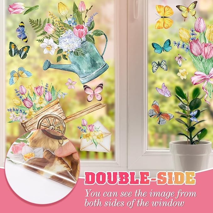 HOWAF Spring is in The Air Tulip Flowers Window Clings Stickers,9 Sheets Hello Spring Floral Butterfly Truck Cart Wall Glass Stickers Decal Decorations, Spring Cat Dog Theme Window Decals