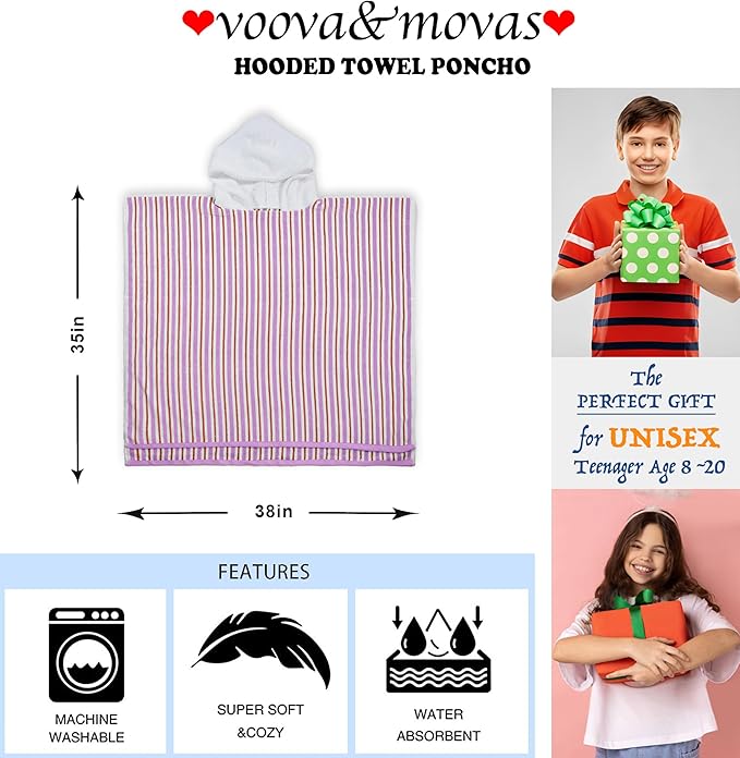 VOOVA & MOVAS Big Kids Poncho Towels with Hood - Girl | Teens (8-16Years) Hooded Pool Towel, Large and Absorbent Cotton Towel Robe - Versatile for Pool, Beach,Swim, and Bath, Orange&Purple