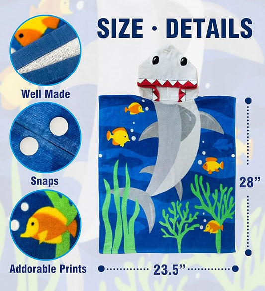 Toddler Bath Towel Hooded - Cotton Kids Beach Towel 20"x20" for Ages 1 to 6, Toddler Towels with Hood Snaps, Soft Terry Poncho Towel as Pool Swim Cover Ups for Girls Boys (Shark Blue)