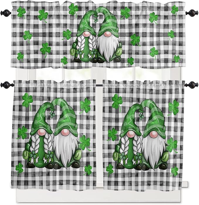 St. Patrick's Day Kitchen Curtains and Valances Set, Buffalo Plaid Shamrock Gnome Window Tiers Spring Holiday Farmhouse Decor Half/Short Curtains for Small Windows Cafe /Living Room/ Bedroom 54x 36
