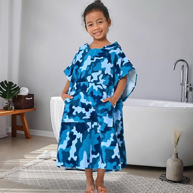 VOOVA & MOVAS Toddler Towels Robe, 4-8 Years, 100% Cotton Poncho Towel, Absorbent Thick Hooded Towel Dress for Boys | Girls,Surf Poncho for Pool | Beach | Bath | Swim, Blue Camo