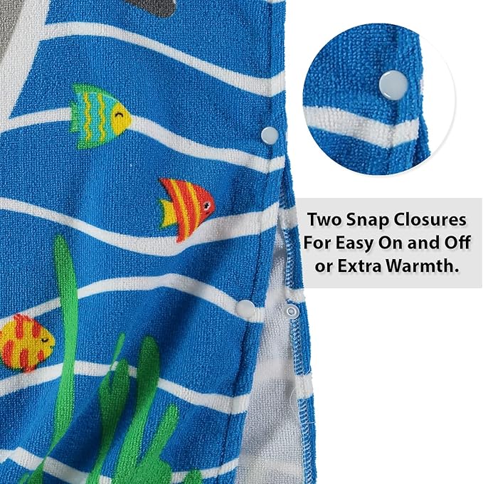 Boys and Girls Absorbent Hooded Beach Towel Pullover Character Microfiber Bath Towel with Side Snaps (Shark, 6-7)