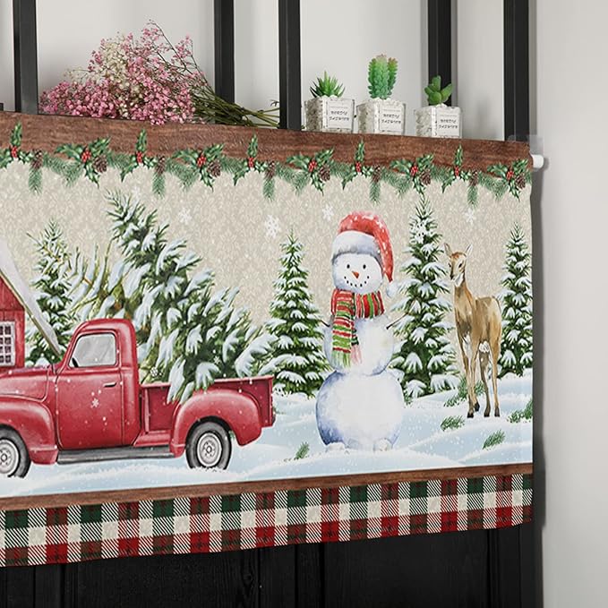 Vandarllin Christmas Farmhouse Kitchen Curtains Valances for Windows Snowman Farm Red Truck Rod Pocket Window Treatment for Kitchen/Living Room/Bedroom/Bathroom,42" X 12" -1 Panel, Winter Holiday