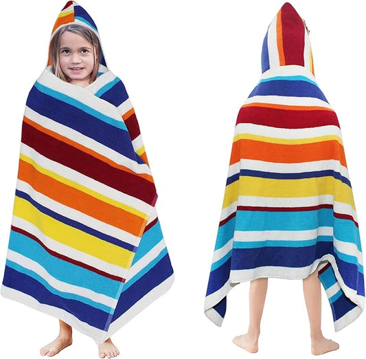 Hooded Bath Towel Wrap - 100% Cotton Terry Large Oversized Hooded Kids Towel - Toddler Shower Pool Beach Towel - Soft Plush Absorbent Quick Dry Easycare Gift - 30x60- Cabana Stripe Multi