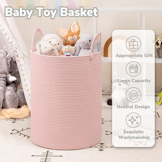 INDRESSME Pink Laundry Basket for Girls Kids Laundry Hamper for Nursery, Woven Rope Storage Basket for Living Room Girls room, Tall Basket for Blanket Storage Toys Bin, 19.7 x 13.8 inches
