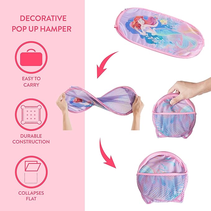 Disney Little Mermaid Ariel Pop Up Hamper with Durable Carry Handles, 21'' H x 13.5'' W X 13.5'' L