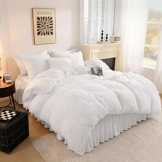 Litanika White Fluffy Comforter Full Size, Luxury Shaggy Plush Fuzzy Bedding Set for Full Bed, Ultra Soft Warm Velvet Comforter 3 Pieces(1 Faux Fur Comforter 79×90 Inch, 2 Pillowcases)