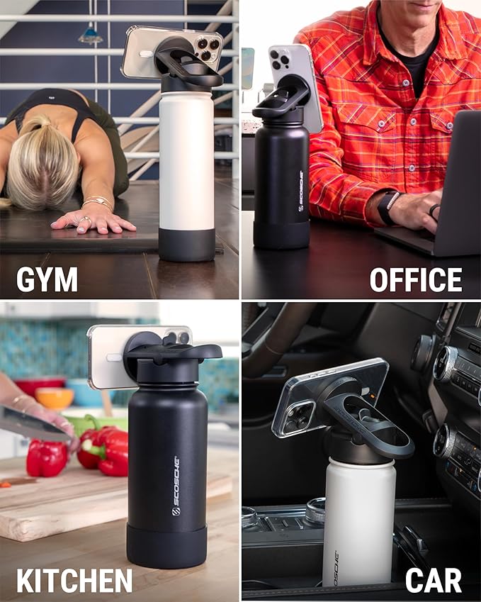 Scosche MFMS22 MagicMount Flask 22oz Stainless Steel Hot & Cold Insulated Sport Water Bottle w/Magnetic Mount Tripod Phone Stand Compatible w/MagSafe iPhone for Cup Holder/Gym/Men/Women/Travel/White