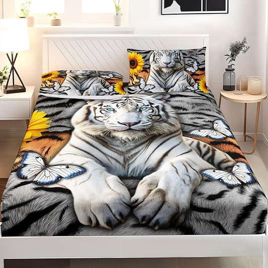 AILONEN Tiger Fitted Sheet Set Queen Size, 3 Pieces White Tiger Fur Printed Bed Sheet Set,Kids Boys Girls Sunflower Tiger Sheet Set,Butterfly Tiger Fitted Sheet with 2 Pillowcases