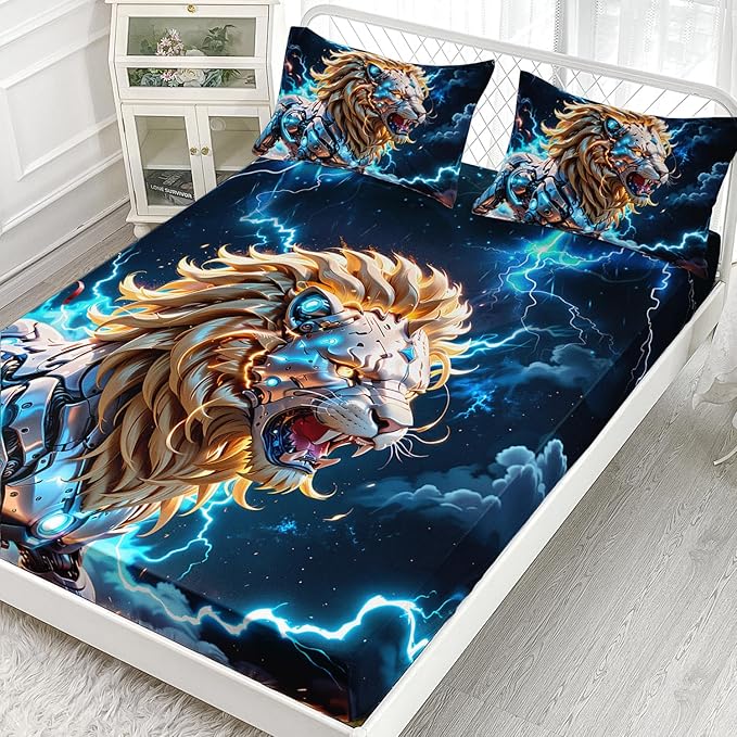 AILONEN Boys Lion Fitted Sheet Set Twin XL Size, Safari Animal Lion Blue Lightning 3 Pieces Printed Kids Bed Sheet Set,Wildlife Fitted Sheet with 2 Pillowcases