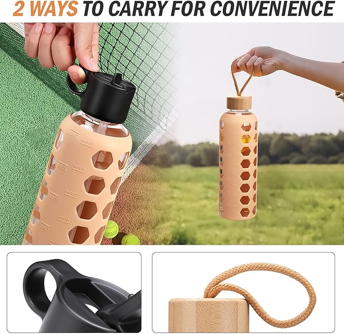 MUKOKO Glass Water Bottles, 24oz Glass Tumbler, Drinking Bottles with 2 Lids-Handle Flip Straw Lid&Bamboo Lid, Motivational Water Bottle with Time Marker and Silicone Sleeve, Leakproof-1 Pack-Amber