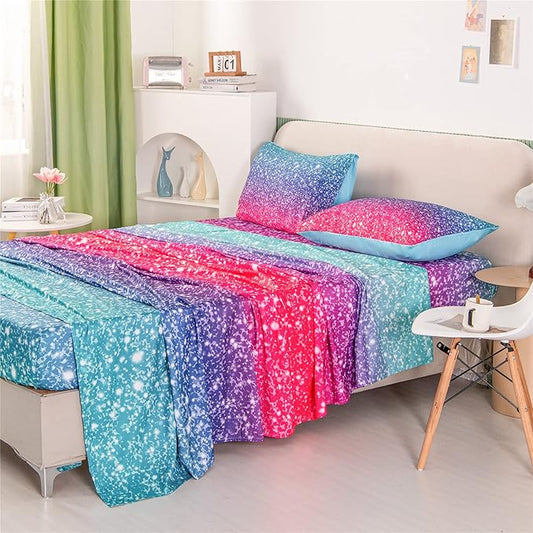 RYNGHIPY Colorful Glitter Bed Sheet Collections, Glitter Rainbow Theme Fitted Sheet Twin Size, Mermaid Design Sheets Set for Girls (Pink Blue,Twin)