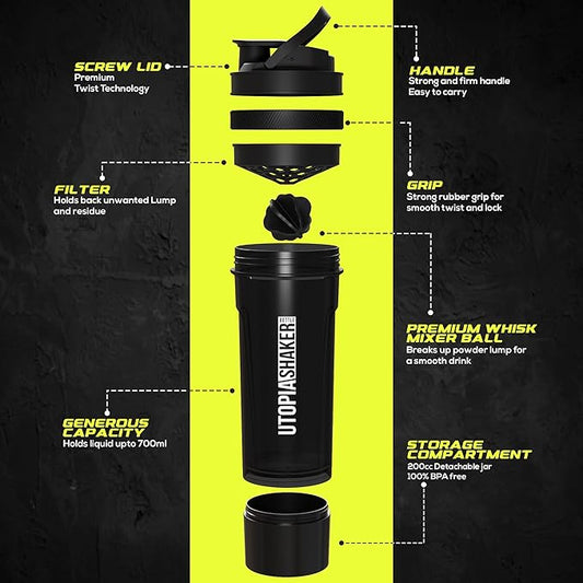 Utopia Home Shaker Bottle 2 Pack - 24 Ounce Plastic Protein or Cocktail Shaker Bottle for Pre & Post workout with Twist & Lock Protein Box Storage (Clear/Black)