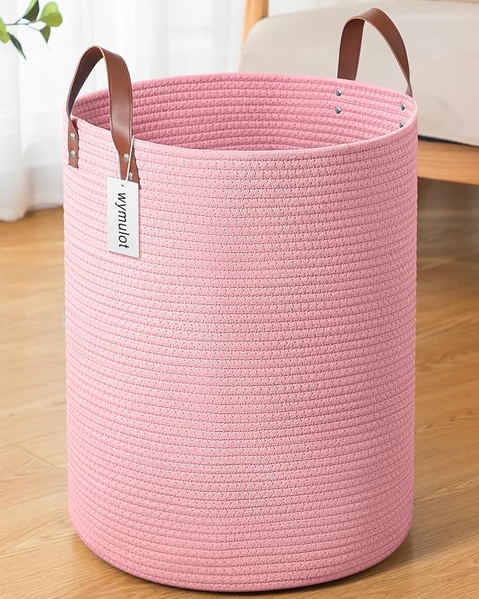 80L Large Rope Basket, Woven Rope Storage Basket with Leather Handles, Dog Toy Storage Basket, Bedroom, Nursery Blanket Storage, Bathroom Laundry Basket, 16“x20” Tall Rope Basket (Pink)