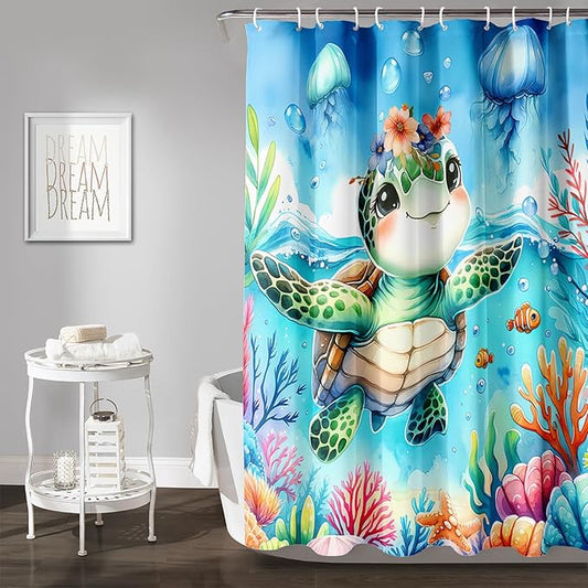 AILONEN Sea Turtle Shower Curtain for Bathroom,Cute Ocean Turtle Shower Curtain with 12 Plastic Hooks,Colorful Coral Jellyfish Print Bath Curtain Polyester Waterproof 72" W*72" H