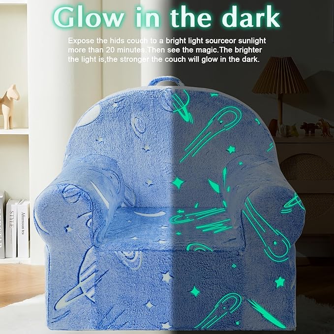 Toddler Chair Sherpa Couch Sherpa Kids Chair, Cuddly Comfy Toddler Plush Chair Toddler Couch Reading Chair for Kids Glow in The Dark Starry Sky Blue