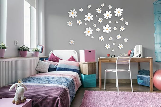 Classic Style Daisy Wall Decal - 12 Sheets of Big White Vinyl Flower Wall Stickers - Daisy Decor Ideal for Kids Girls Nursery, Playroom, Bedroom, and Living Room - Peel and Stick Floral Stickers
