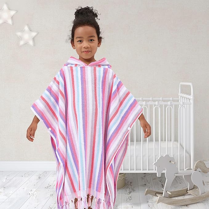 Hooded Bath Towel Poncho (4-8Years) - Soft, Absorbent Premium Turkish Cotton Thick Swim Towel Robe with Hood for Kids, Perfect for Bathroom | Pool | Swimming, Jacquard, Color Stripe with Tassels