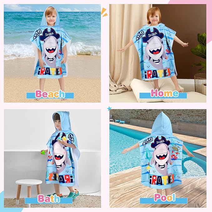Kids Hooded Beach Towels for Boys Girls, Toddler Soft Absorbent Thickened Microfiber Bath Towel Swim Pool Towels Baby Quick Dry Lightweight Poncho Towel Cover-ups for 0-7 Years Old