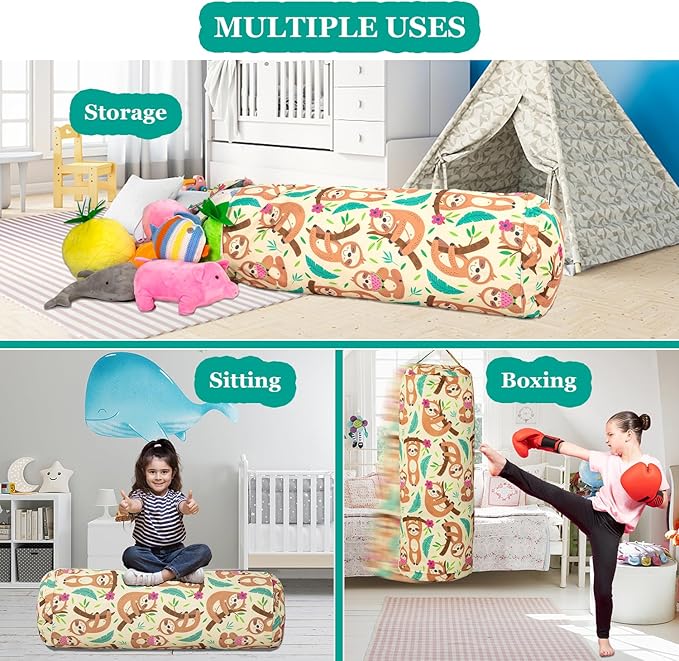 Stuffed Animal Bean Bag Storage Chair for Kids Cover Only (No Filler), Organize, Sit, Play & Boxing, 100% Cotton Canvas Washable, Ultra Soft Cylinder Long Vertical Zipper Best Gift for Child
