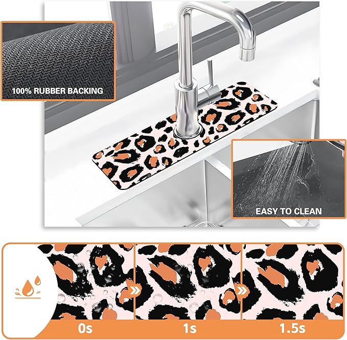 Kitchen Sink Splash Guard Faucet Mat Leopard Rosettes Sink Splash Guard Behind Faucet,1 PC Soft Diatom Mud Non-Slip Mat -for Kitchen,Sink Mat,Dish Drying Mat,Bathroom Faucet Mat 15.5"X5.5"