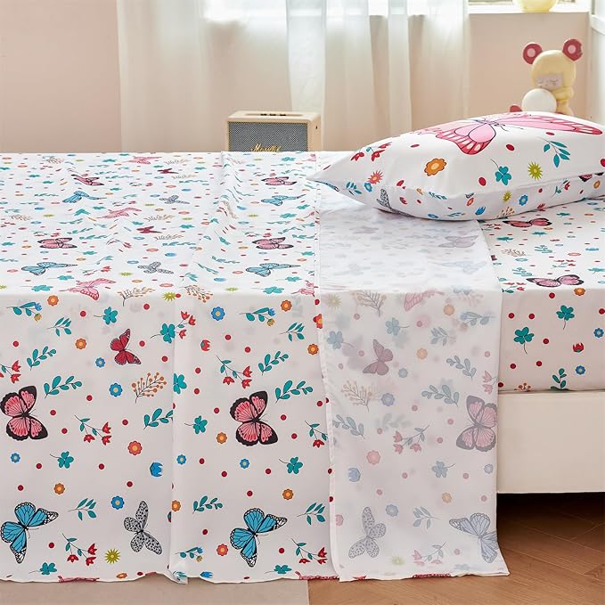 RYNGHIPY Girls Bed Sheets Twin: Butterfly Sheets Set for Girls Kids Bedsheets Deep Pocket 100% Microfiber Print Sheet Pillowcase Sets (Multicolor,Twin)