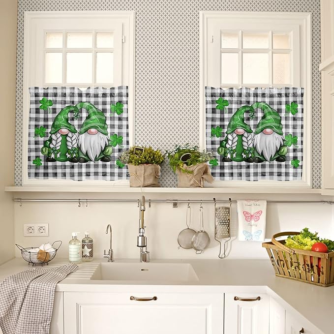 St. Patrick's Day Kitchen Curtains and Valances Set, Buffalo Plaid Shamrock Gnome Window Tiers Spring Holiday Farmhouse Decor Half/Short Curtains for Small Windows Cafe /Living Room/ Bedroom 54x 36