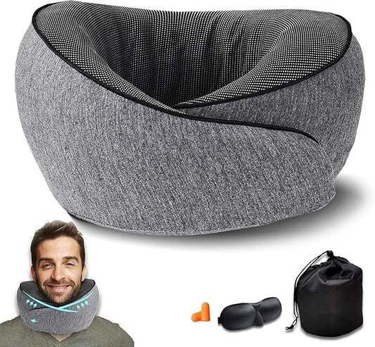 Travel Pillow 100% Pure Memory Foam,New Ergonomic Design 360°Adjustable Soft Neck Pillow,Travel Neck Pillow for Car and Airplane Travel,Neck Pillow for Traveling with Eye Masks and Earplugs(Grey)