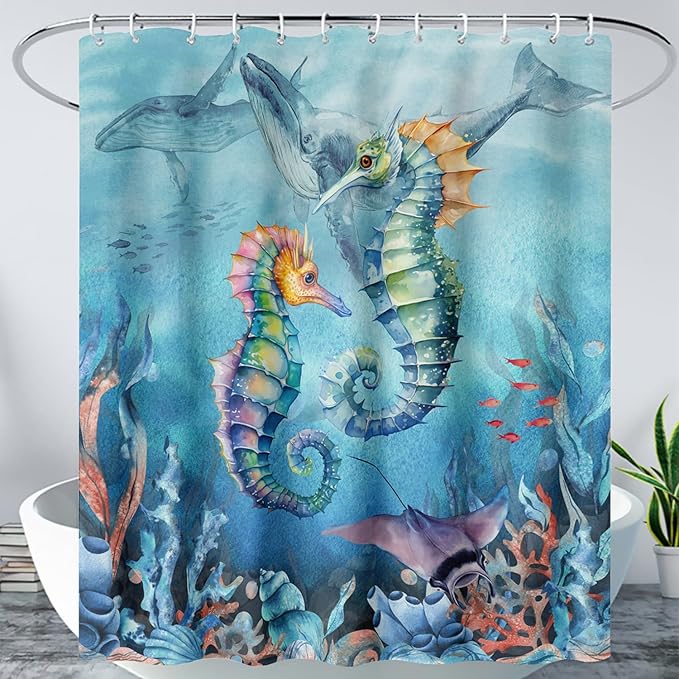 AILONEN Seahorse Shower Curtain for Bathroom,Watercolor Seahorse Bath Curtain,Blue Ocean Animal Whale Coral Fish Shower Curtain Waterproof with 12 Plastic Hooks, 72" W*96" H
