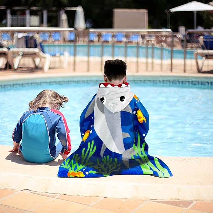 Toddler Bath Towel Hooded - Cotton Kids Beach Towel 20"x20" for Ages 1 to 6, Toddler Towels with Hood Snaps, Soft Terry Poncho Towel as Pool Swim Cover Ups for Girls Boys (Shark Blue)