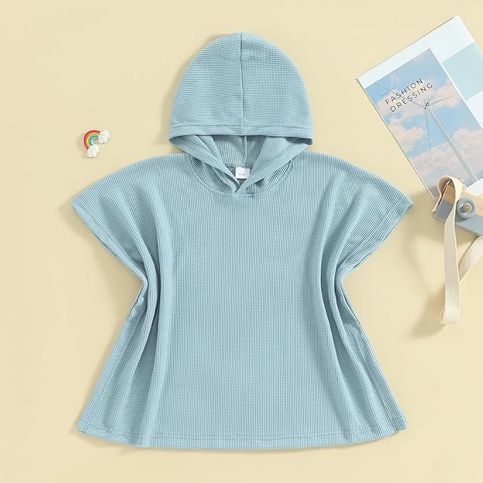 Toddler Beach Towel with Hood Kids Waffle Swim Cover Up Bath Towel Surf Poncho Boys Girls Hooded Beach Towel (Blue, 7-8 Years)