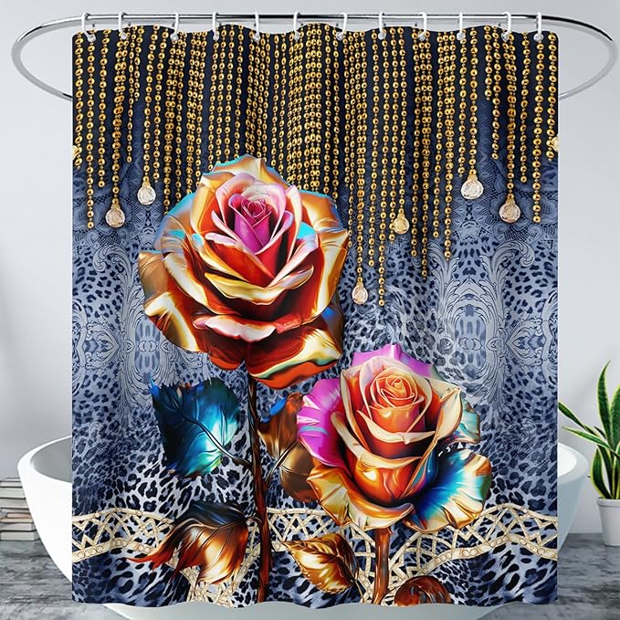 AILONEN Gold Rose Shower Curtain for Bathroom- Romantic Floral Shower Curtain -Polyester Fabric Waterproof Decoration- Plants Blue Black Leopard Flowers Bath Shower Curtains Washable, 36" W x 72" H