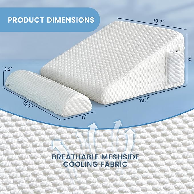 Bed Wedge Pillow for Sleeping - 2 Pcs Cooling 10" Height Pillow Set for Post Surgery Adjustable Triangle Pillow Wedge for Legs, Back Pain, Snoring, Alleviate Acid Reflux, White